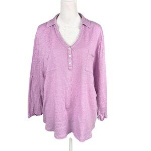 Chico's 3 XL Utility Henley Linen Knit Top Lavender Purple Collared 3/4 Sleeve